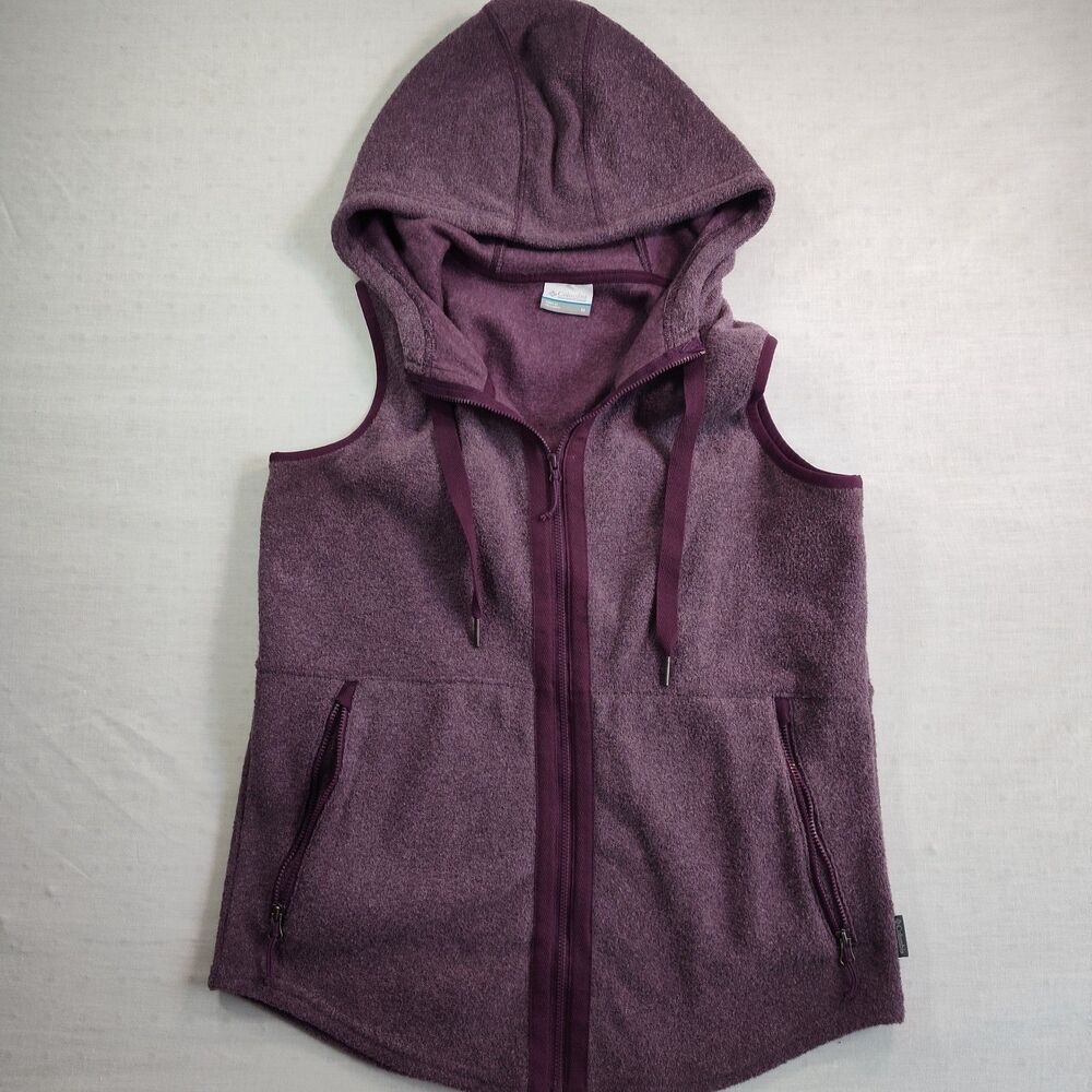 Columbia Hooded Fleece Vest Womens Medium M Deep Plum Purple Zippered Pockets...